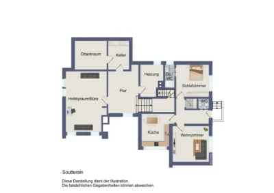 Gepflegter Bungalow mit Büro (ELW möglich) und herrlichem Garten in Erlensee - Exposéplan Soutterrain (12289)